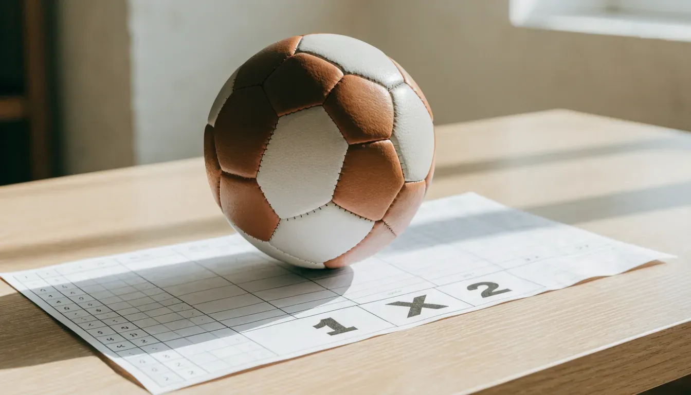 Un pallone da calcio appoggiato su una schedina bianca su un tavolo di legno, alla luce del giorno