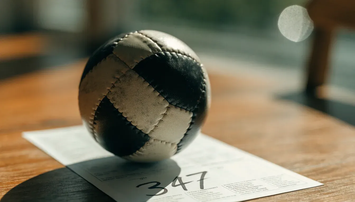 Un pallone da calcio appoggiato su una schedina bianca su un tavolo di legno, alla luce del giorno