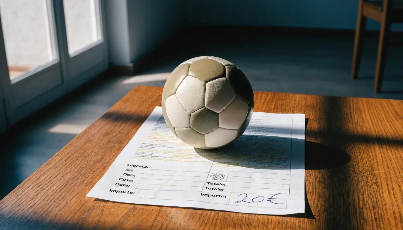 Un pallone da calcio appoggiato su una schedina bianca su un tavolo di legno, alla luce del giorno