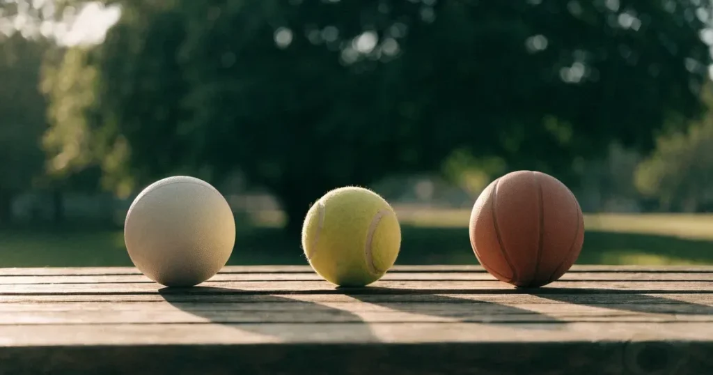 Tre palloni di sport diversi allineati uno accanto all'altro su una panca di legno