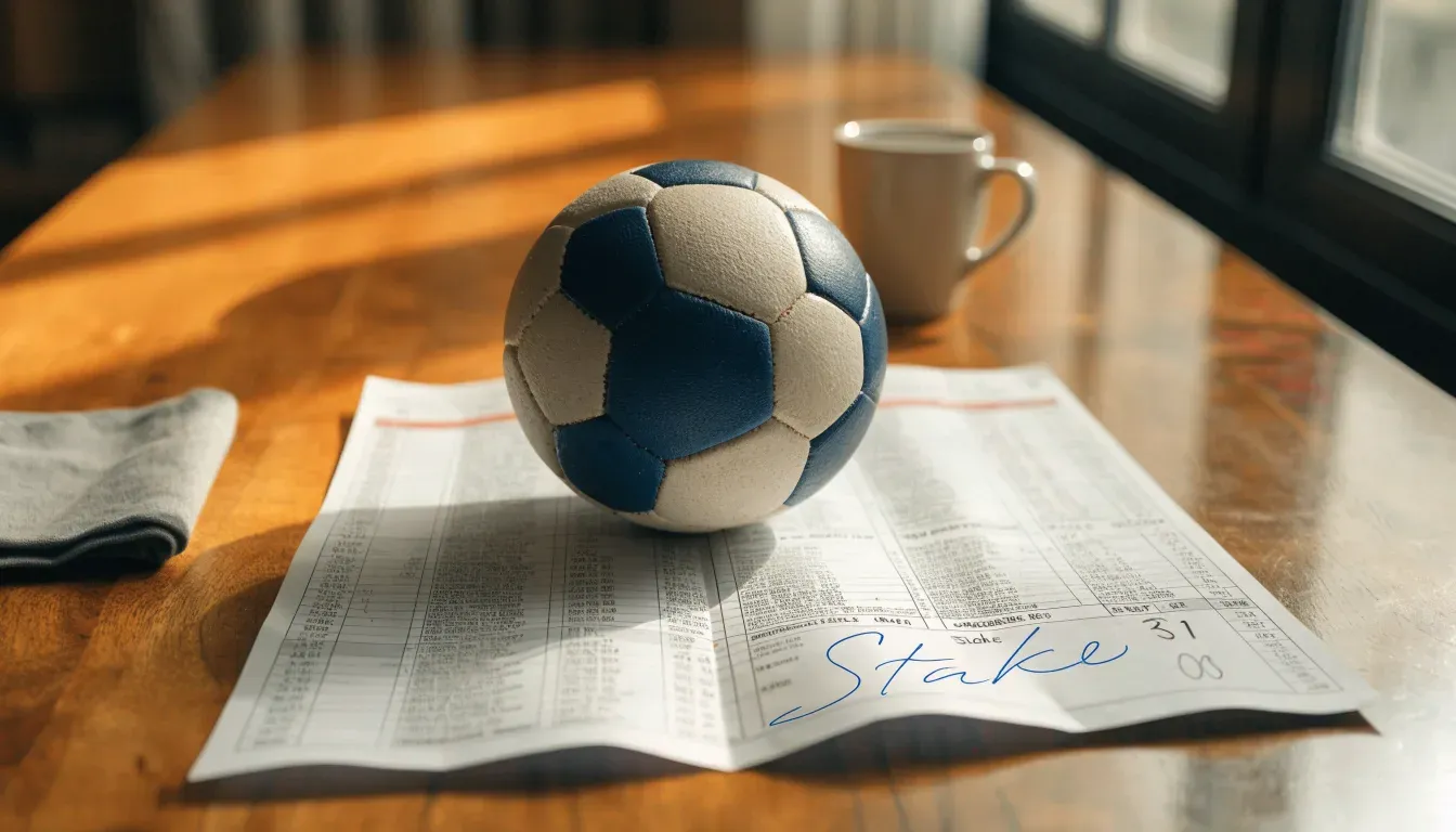 Un pallone da calcio appoggiato su una schedina bianca su un tavolo di legno, alla luce del giorno