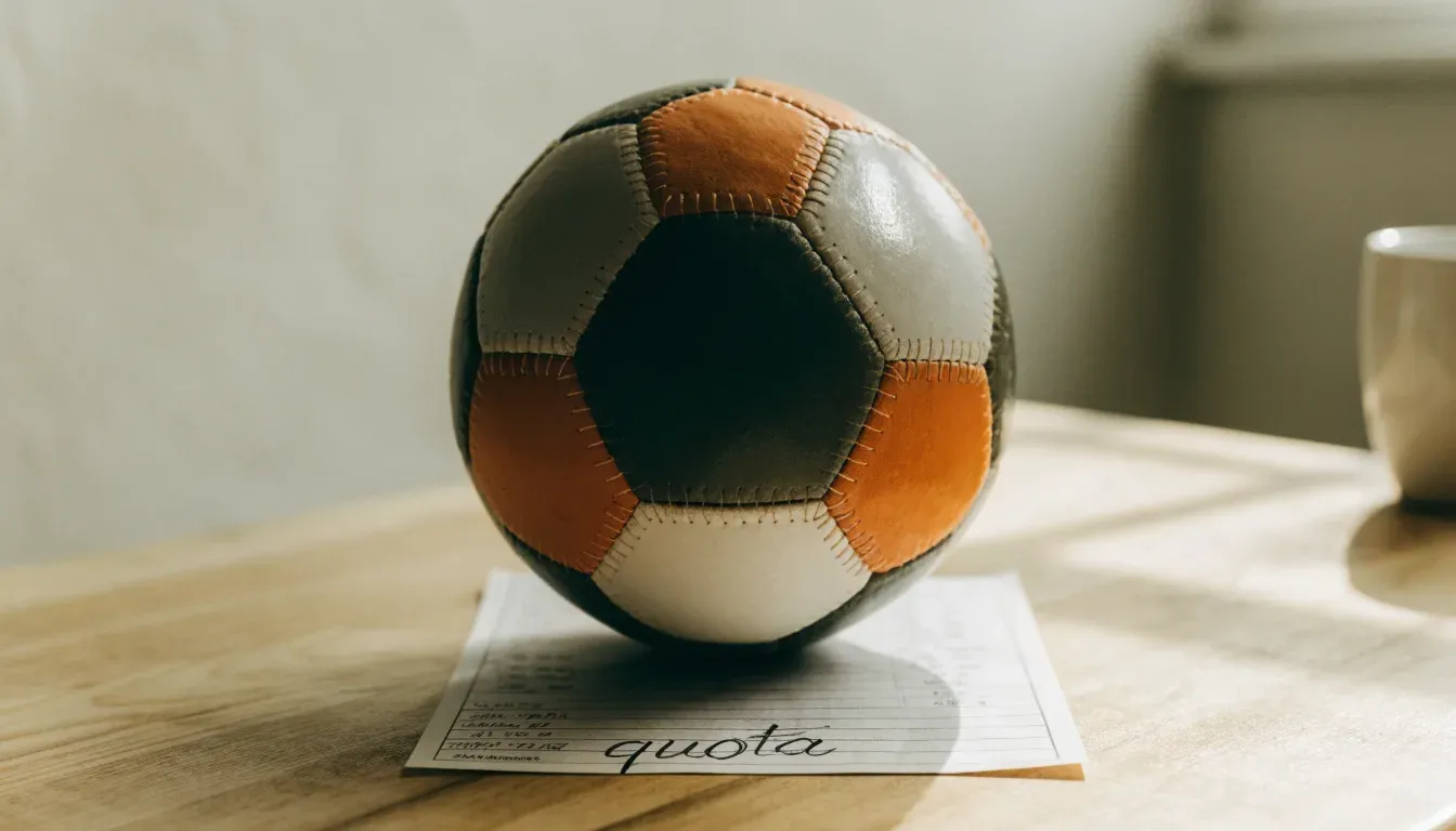 Un pallone da calcio appoggiato su una schedina bianca su un tavolo di legno, alla luce del giorno