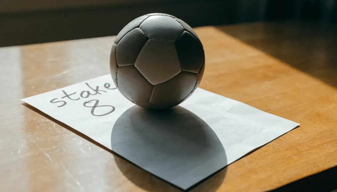 Un pallone da calcio appoggiato su una schedina bianca su un tavolo di legno, alla luce del giorno