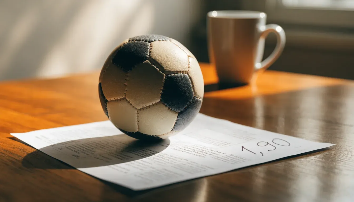 Un pallone da calcio appoggiato su una schedina bianca su un tavolo di legno, alla luce del giorno