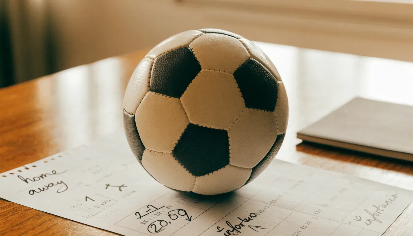 Un pallone da calcio appoggiato su una schedina bianca su un tavolo di legno, alla luce del giorno