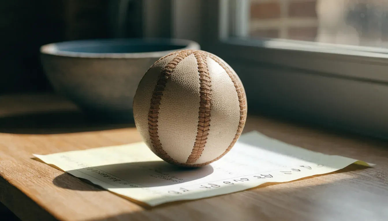 Un pallone da calcio appoggiato su una schedina bianca su un tavolo di legno, alla luce del giorno