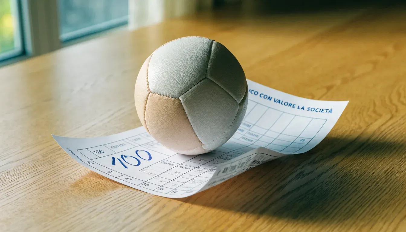 Un pallone da calcio appoggiato su una schedina bianca su un tavolo di legno, alla luce del giorno