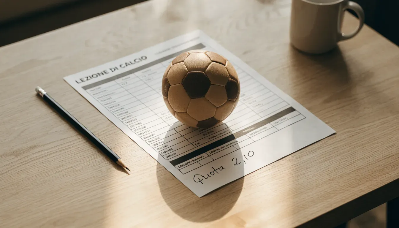 Un pallone da calcio appoggiato su una schedina bianca su un tavolo di legno, alla luce del giorno