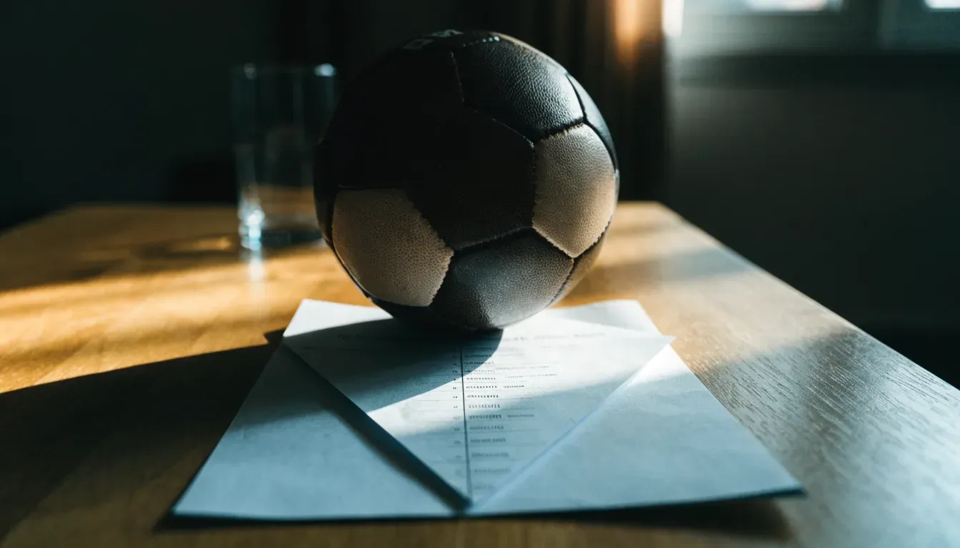 Un pallone da calcio appoggiato su una schedina bianca su un tavolo di legno, alla luce del giorno