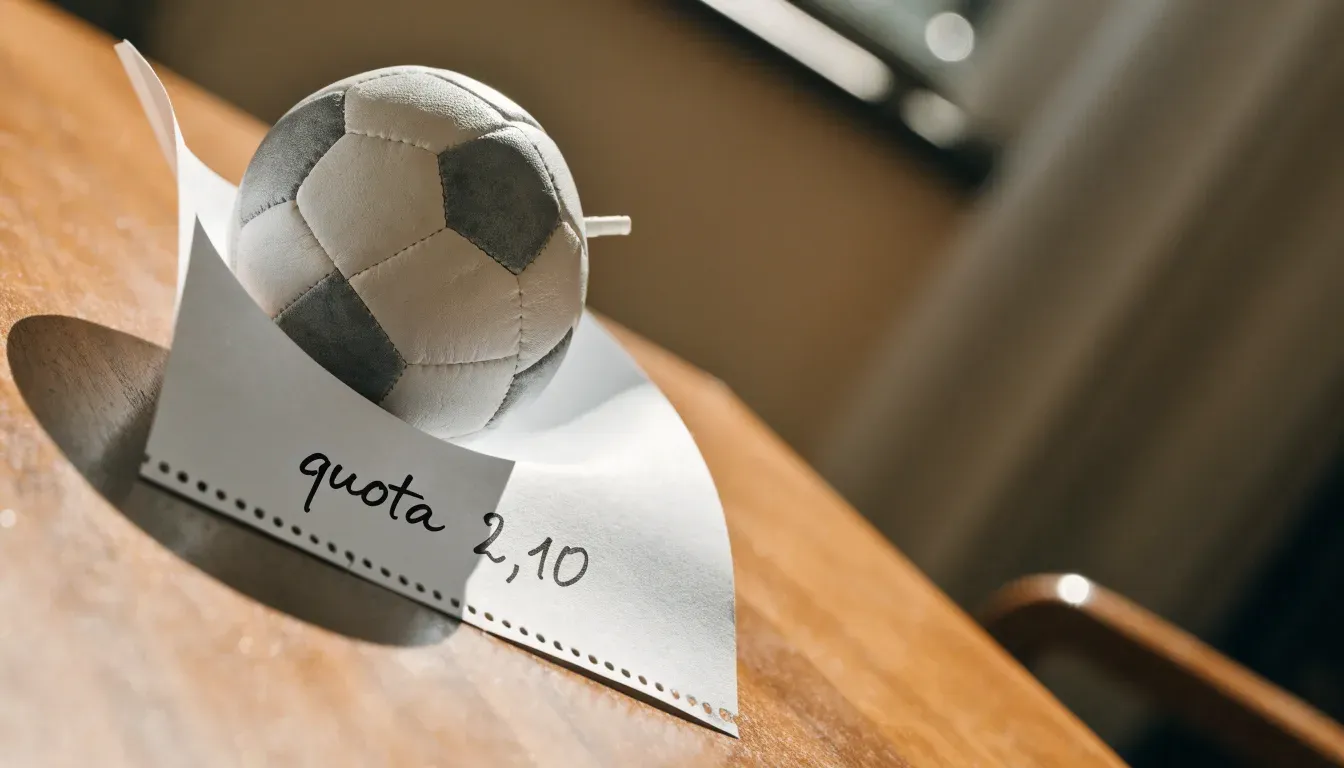 Un pallone da calcio appoggiato su una schedina bianca su un tavolo di legno, alla luce del giorno