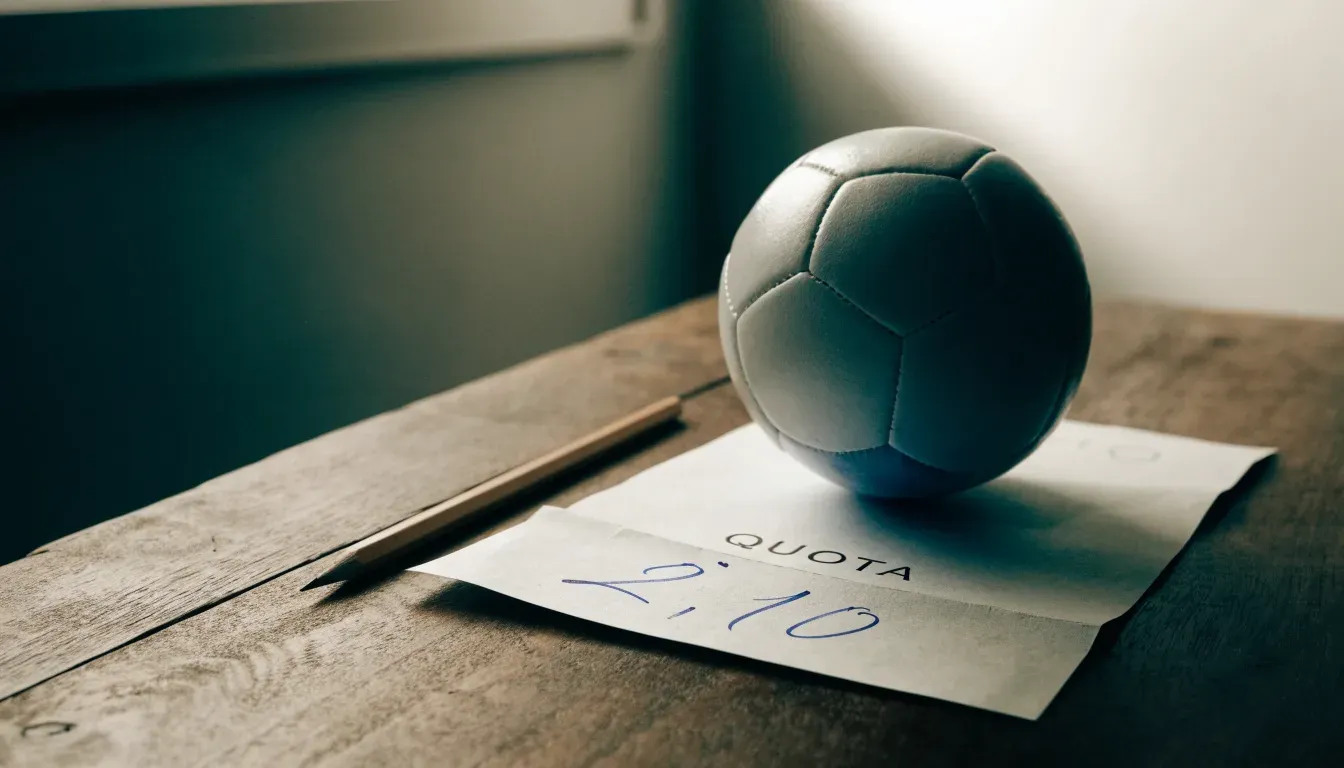 Un pallone da calcio appoggiato su una schedina bianca su un tavolo di legno, alla luce del giorno
