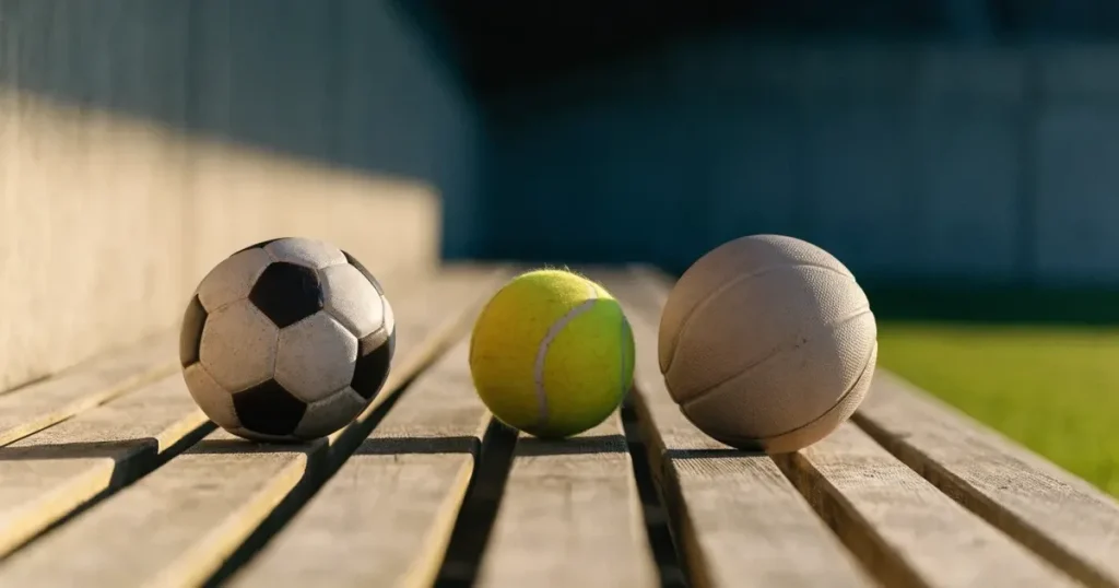 Tre palloni di sport diversi allineati uno accanto all'altro su una panca di legno