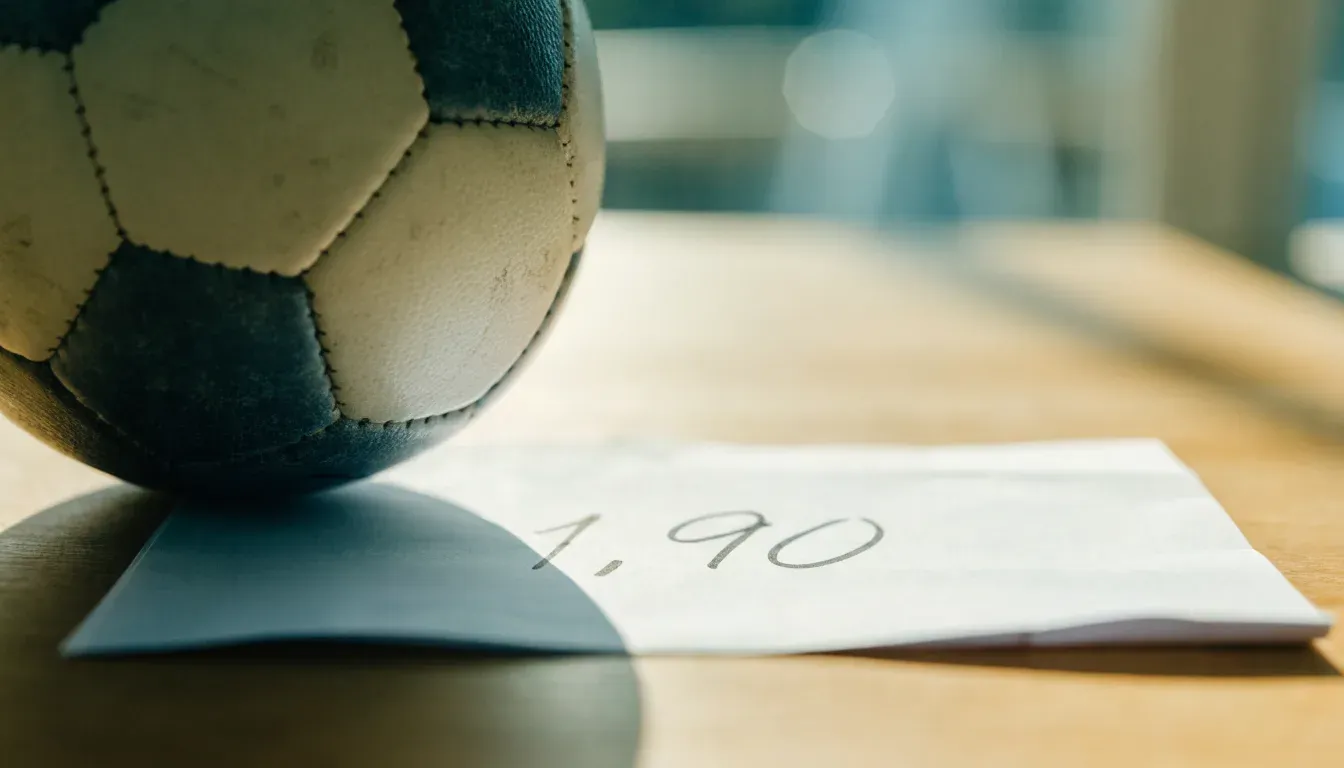 Un pallone da calcio appoggiato su una schedina bianca su un tavolo di legno, alla luce del giorno