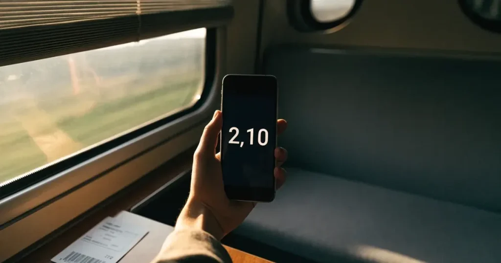 Una mano che tiene uno smartphone con una scommessa sullo schermo, su un treno nel tardo pomeriggio
