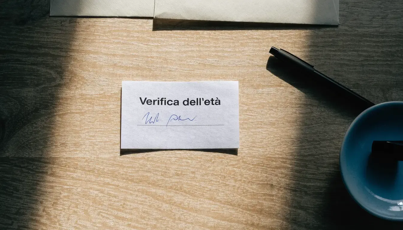 Un foglio di concessione in carta con un timbro rosso, appoggiato su una scrivania di legno accanto a una penna
