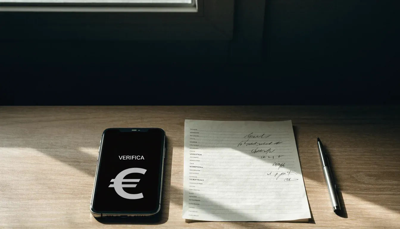 Un foglio di concessione in carta con un timbro rosso, appoggiato su una scrivania di legno accanto a una penna