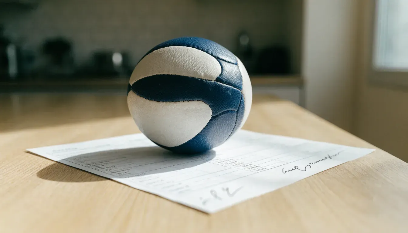 Un pallone da calcio appoggiato su una schedina bianca su un tavolo di legno, alla luce del giorno