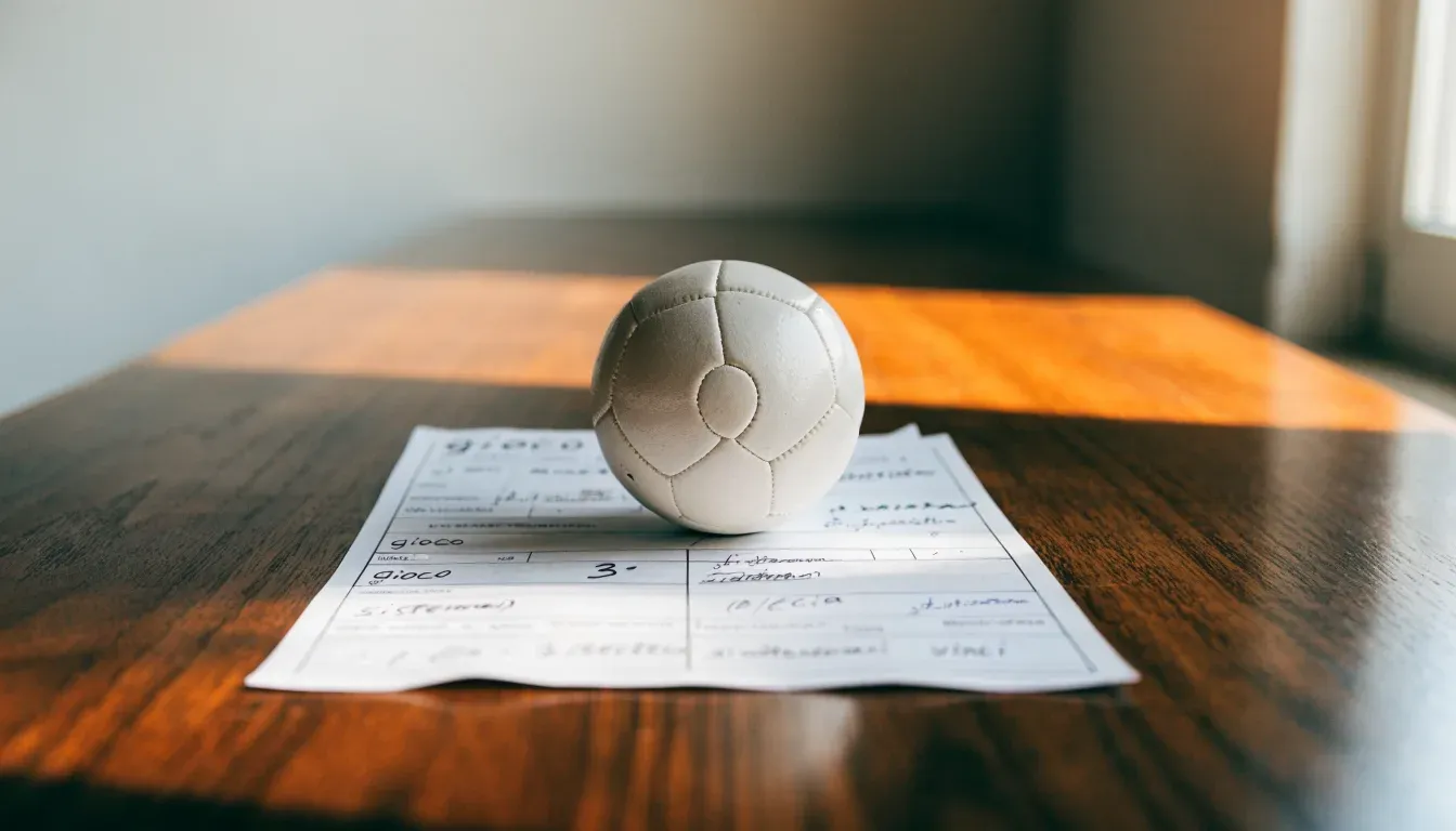 Un pallone da calcio appoggiato su una schedina bianca su un tavolo di legno, alla luce del giorno