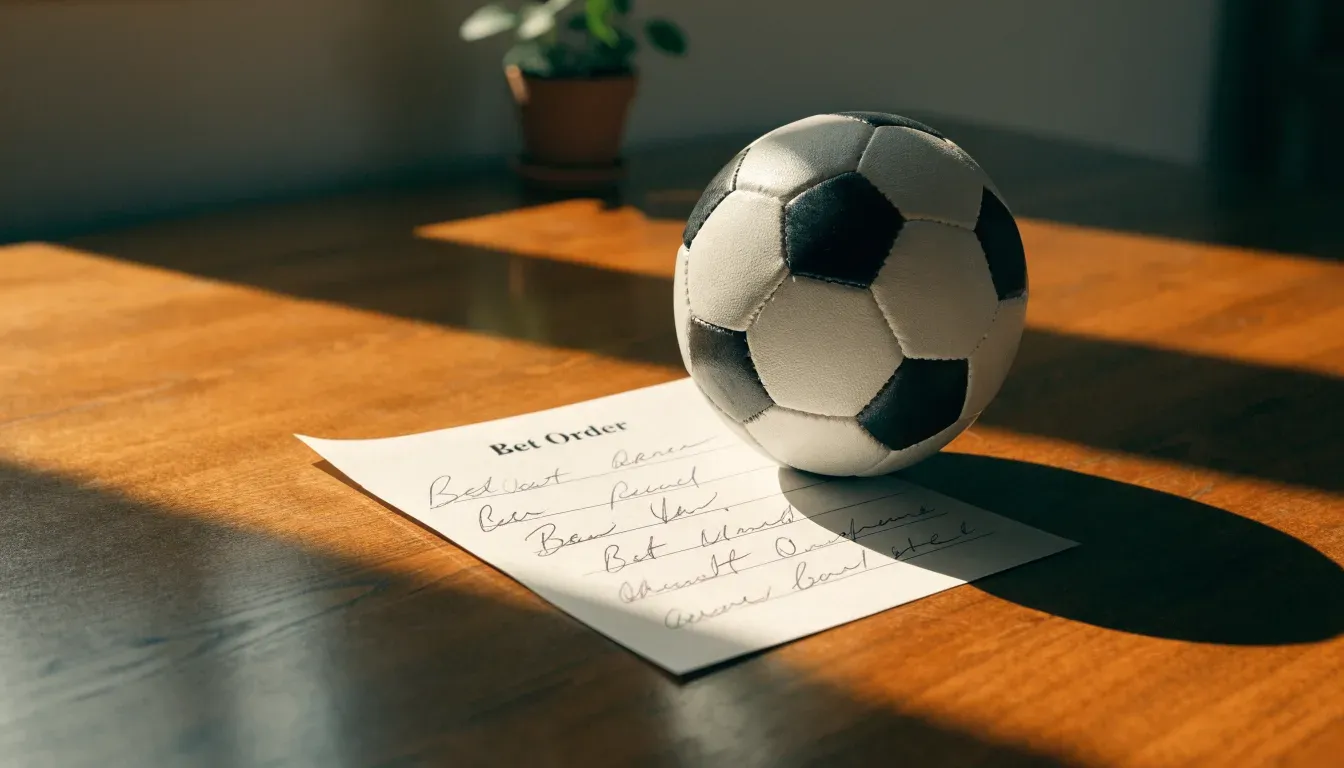 Un pallone da calcio appoggiato su una schedina bianca su un tavolo di legno, alla luce del giorno