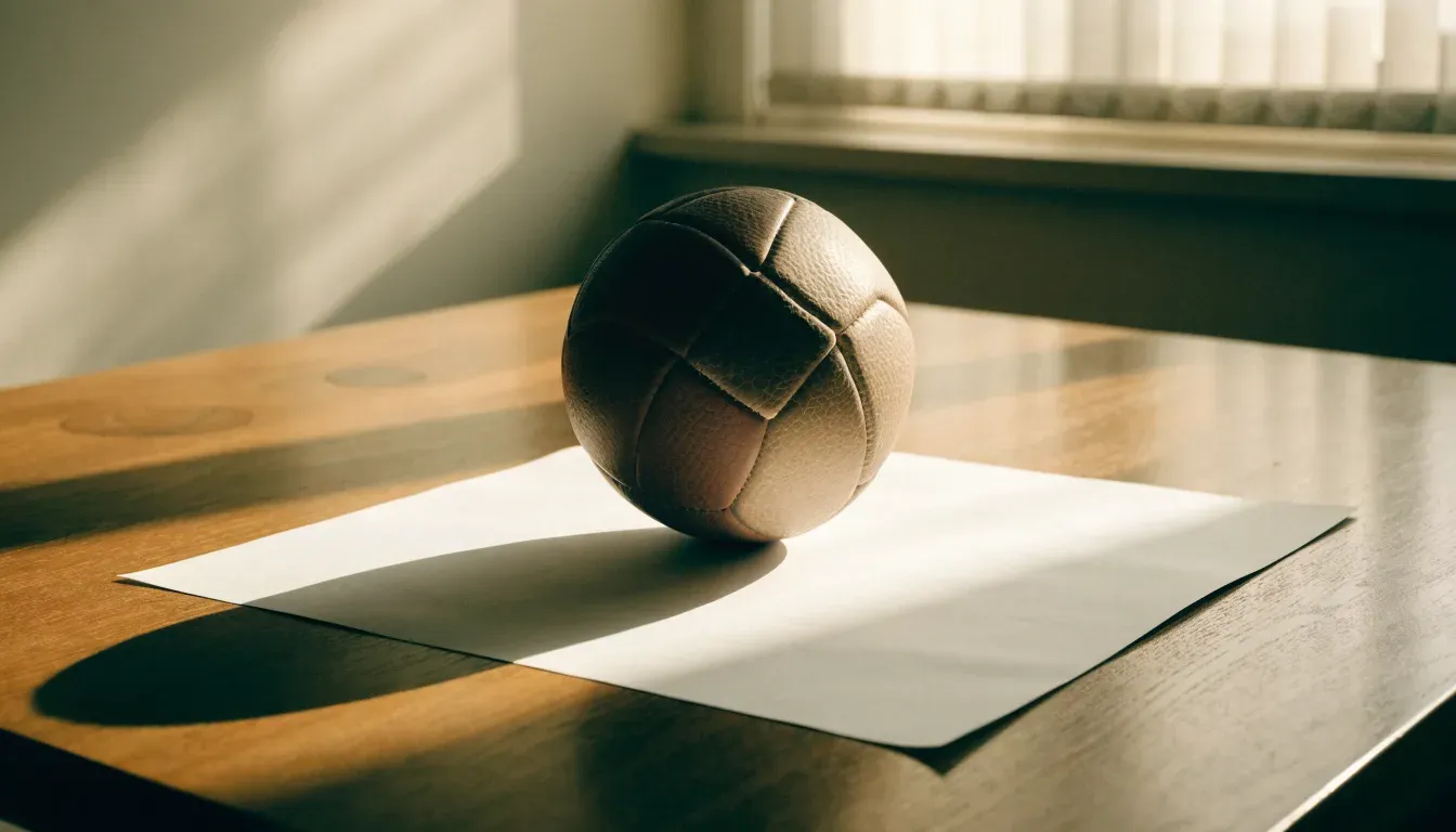 Un pallone da calcio appoggiato su una schedina bianca su un tavolo di legno, alla luce del giorno