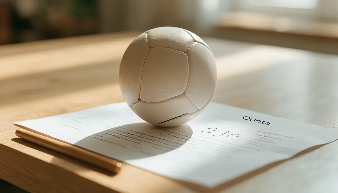 Un pallone da calcio appoggiato su una schedina bianca su un tavolo di legno, alla luce del giorno