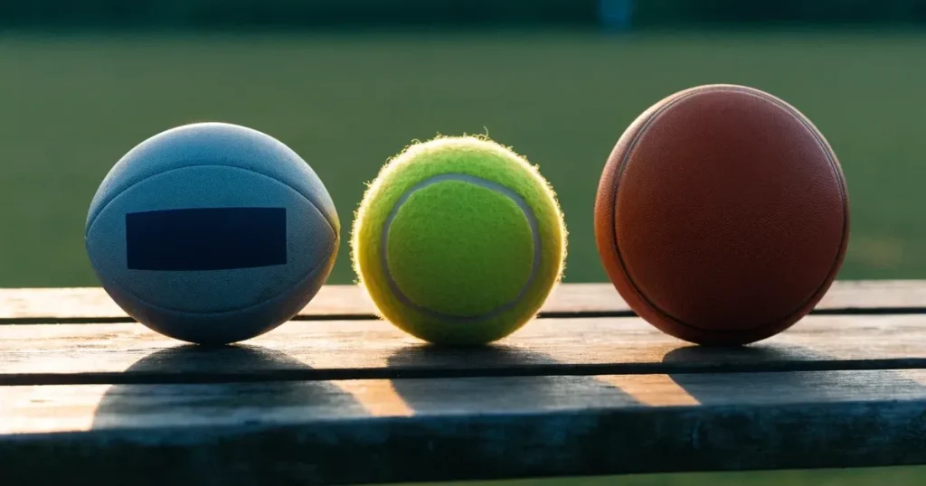 Tre palloni di sport diversi allineati uno accanto all'altro su una panca di legno