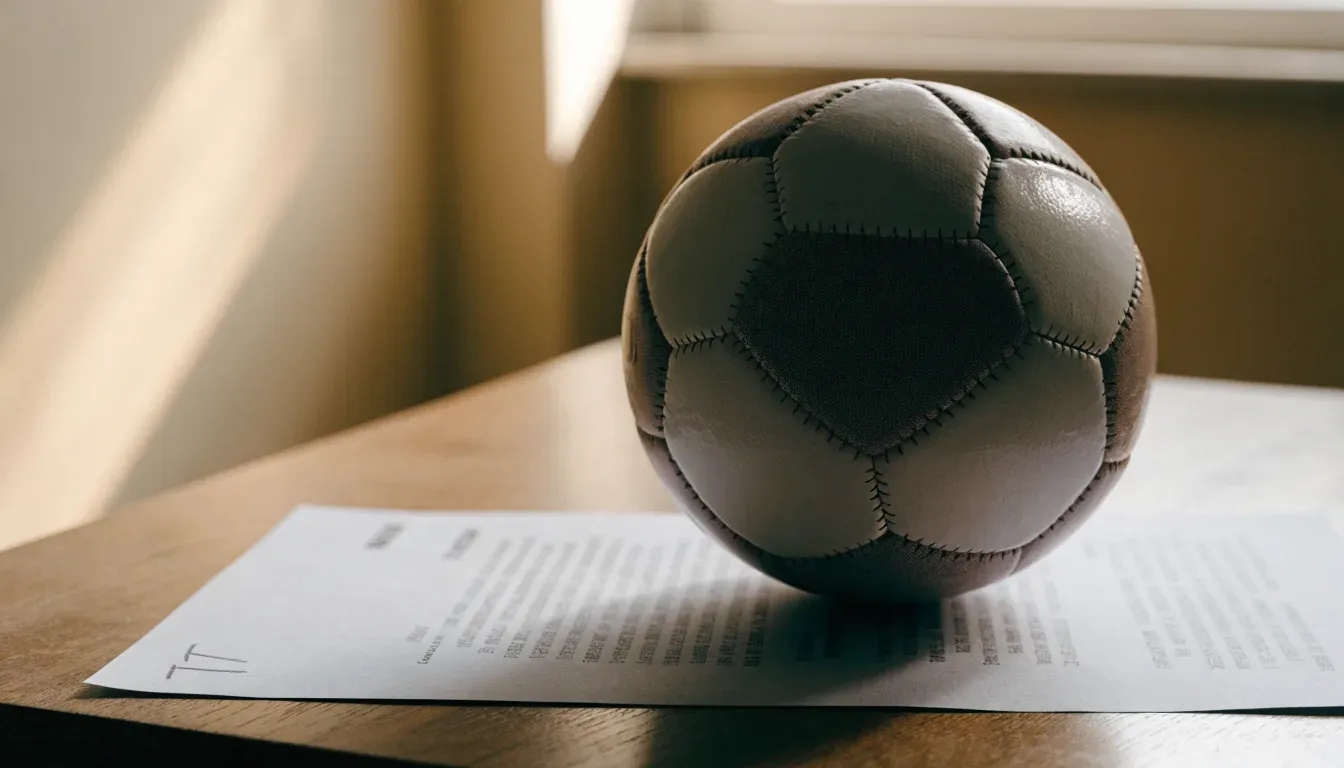 Un pallone da calcio appoggiato su una schedina bianca su un tavolo di legno, alla luce del giorno