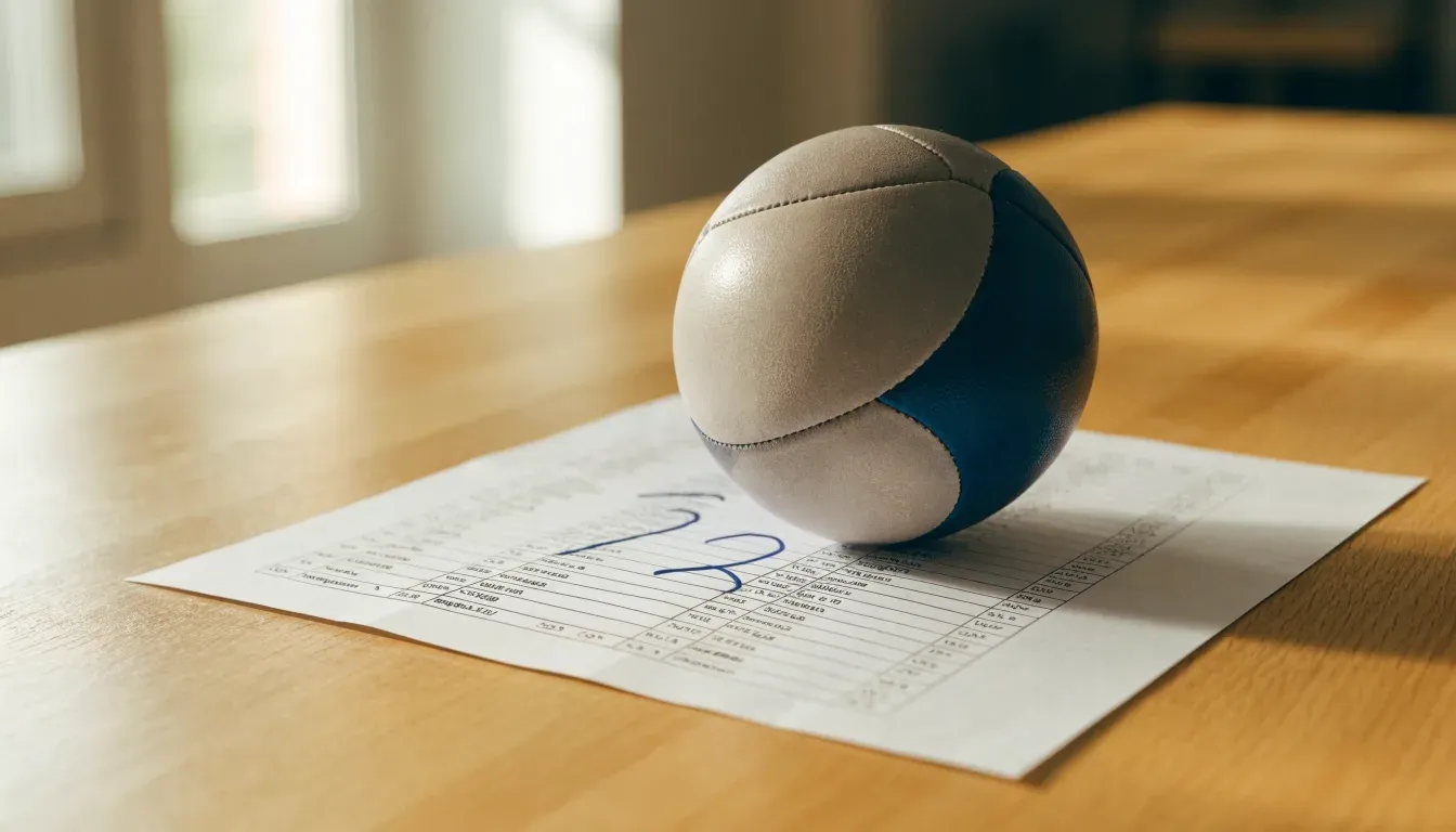 Un pallone da calcio appoggiato su una schedina bianca su un tavolo di legno, alla luce del giorno