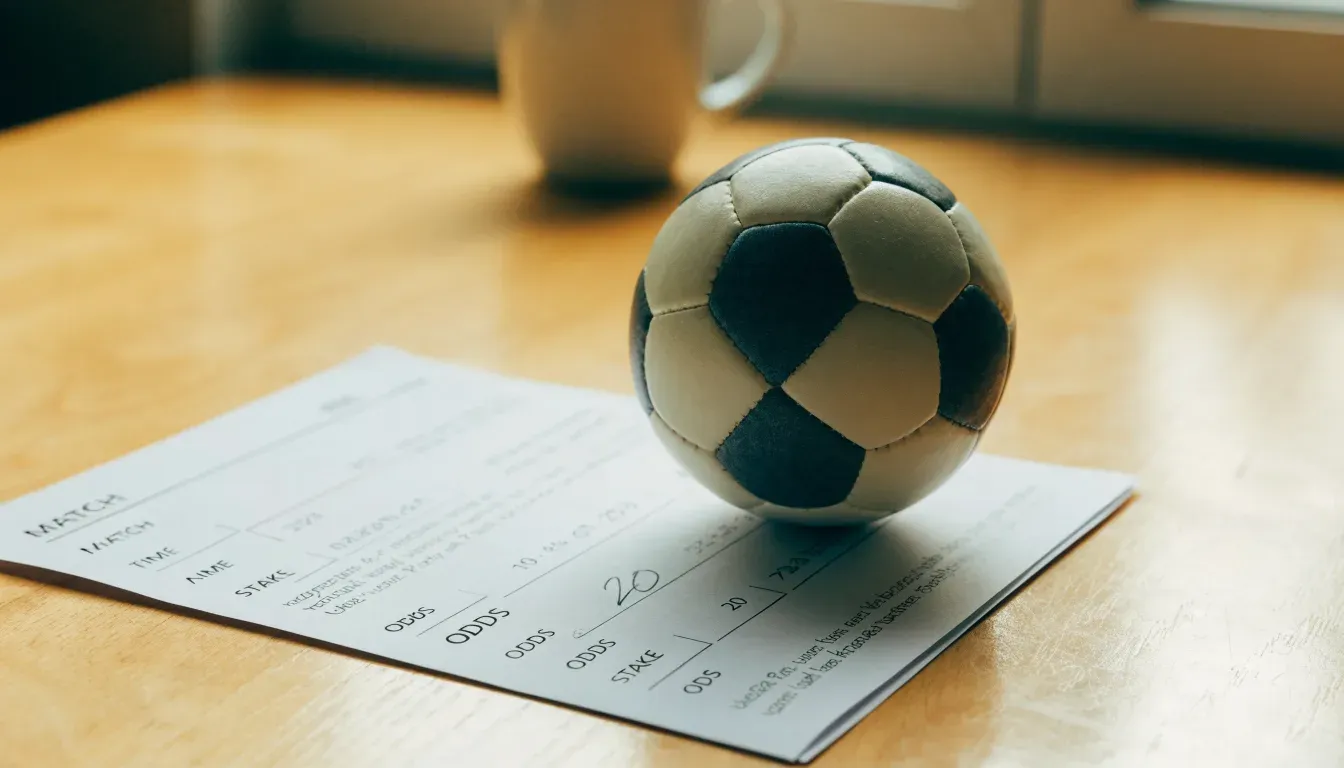 Un pallone da calcio appoggiato su una schedina bianca su un tavolo di legno, alla luce del giorno