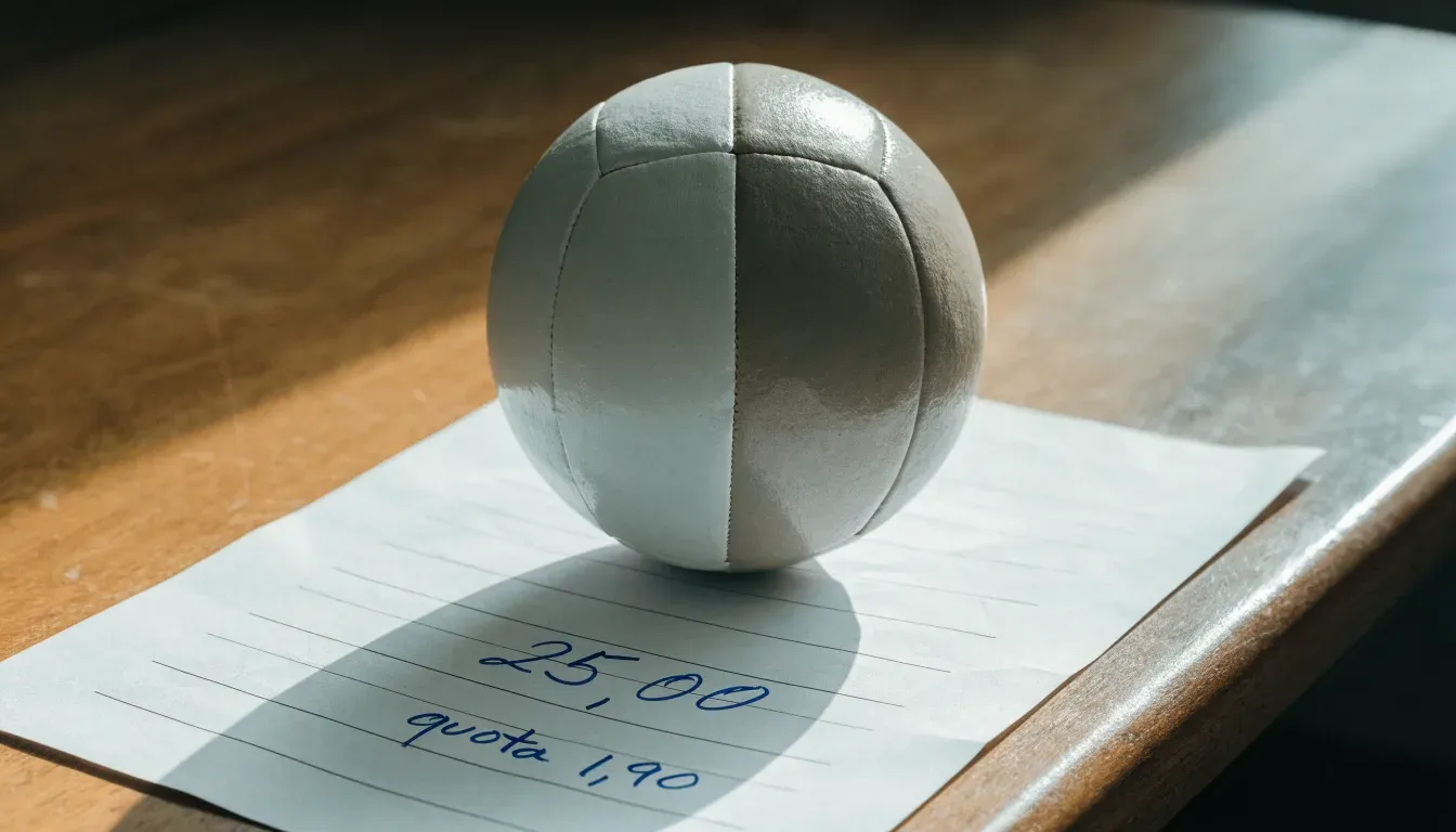 Un pallone da calcio appoggiato su una schedina bianca su un tavolo di legno, alla luce del giorno
