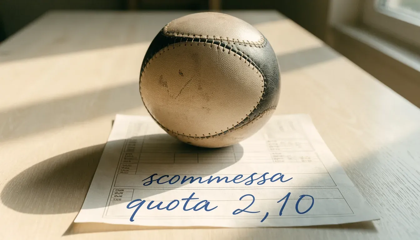 Un pallone da calcio appoggiato su una schedina bianca su un tavolo di legno, alla luce del giorno