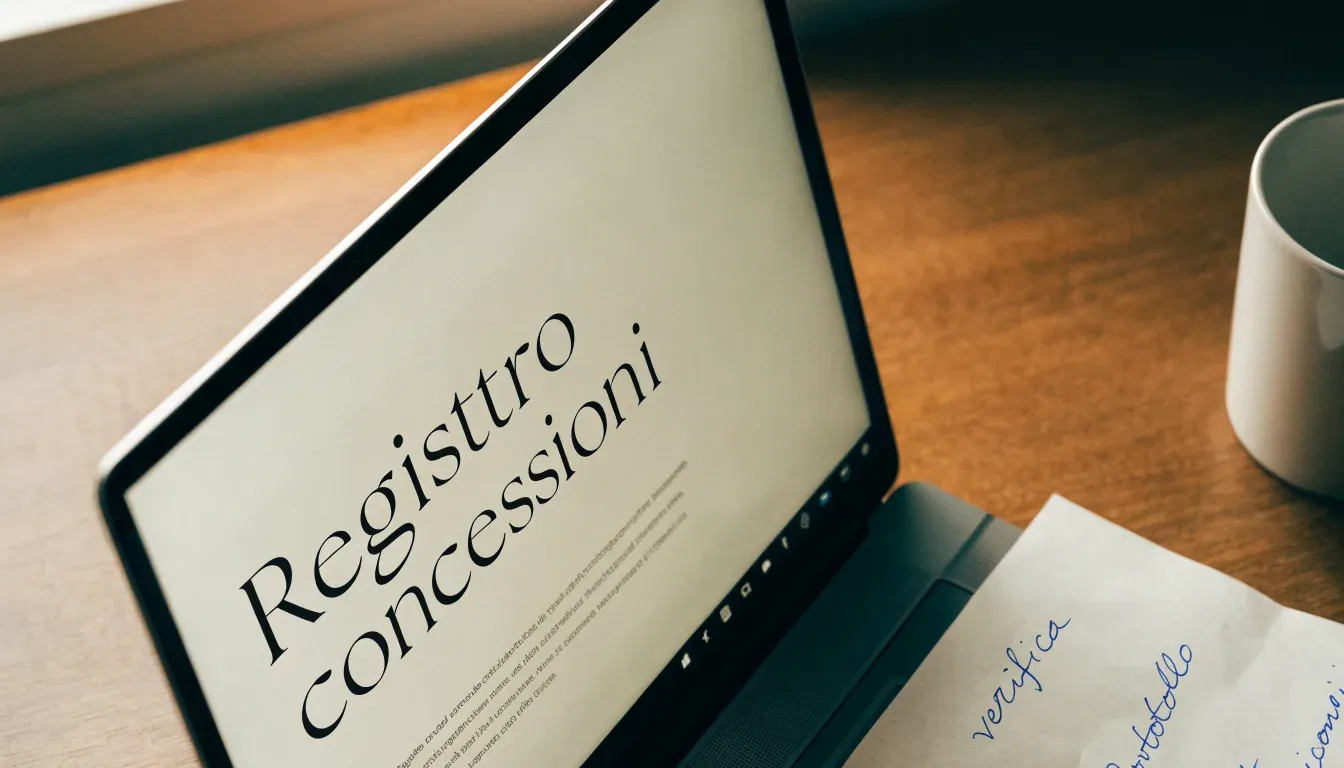 Un foglio di concessione in carta con un timbro rosso, appoggiato su una scrivania di legno accanto a una penna