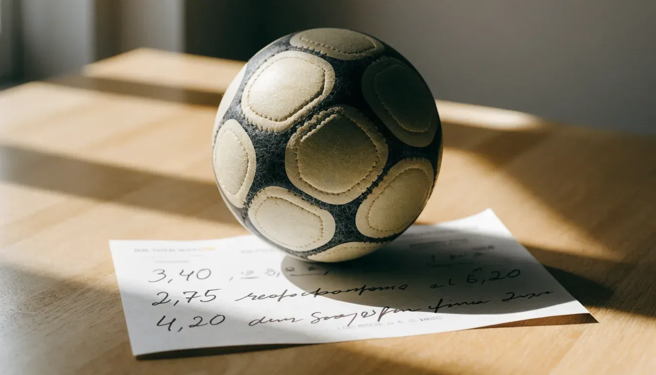 Un pallone da calcio appoggiato su una schedina bianca su un tavolo di legno, alla luce del giorno