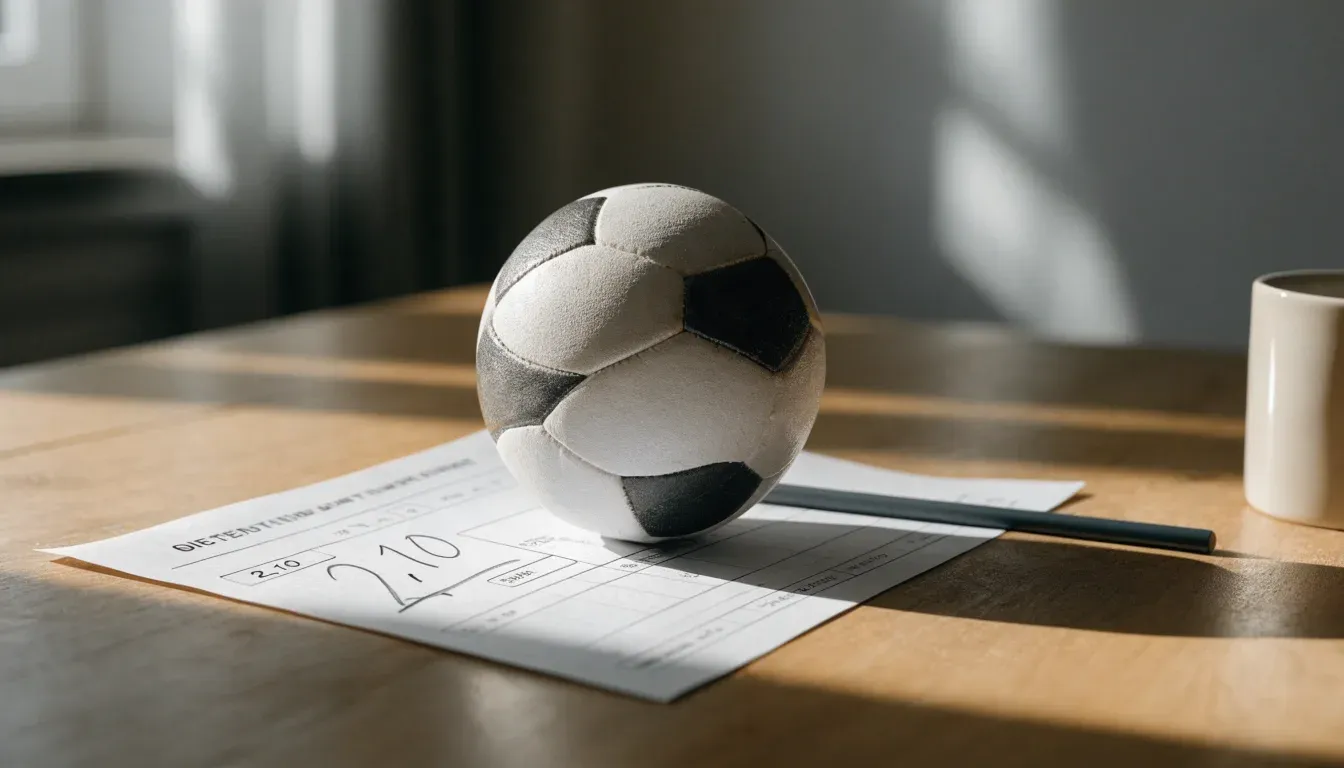 Un pallone da calcio appoggiato su una schedina bianca su un tavolo di legno, alla luce del giorno