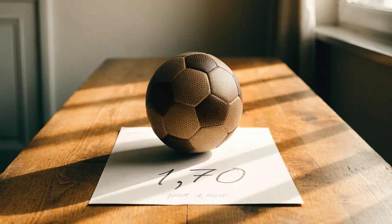 Un pallone da calcio appoggiato su una schedina bianca su un tavolo di legno, alla luce del giorno