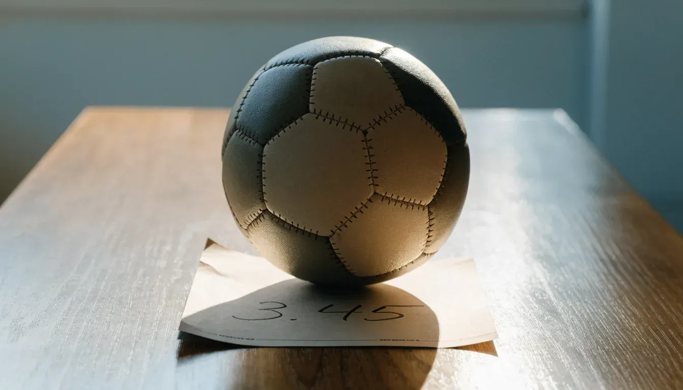 Un pallone da calcio appoggiato su una schedina bianca su un tavolo di legno, alla luce del giorno