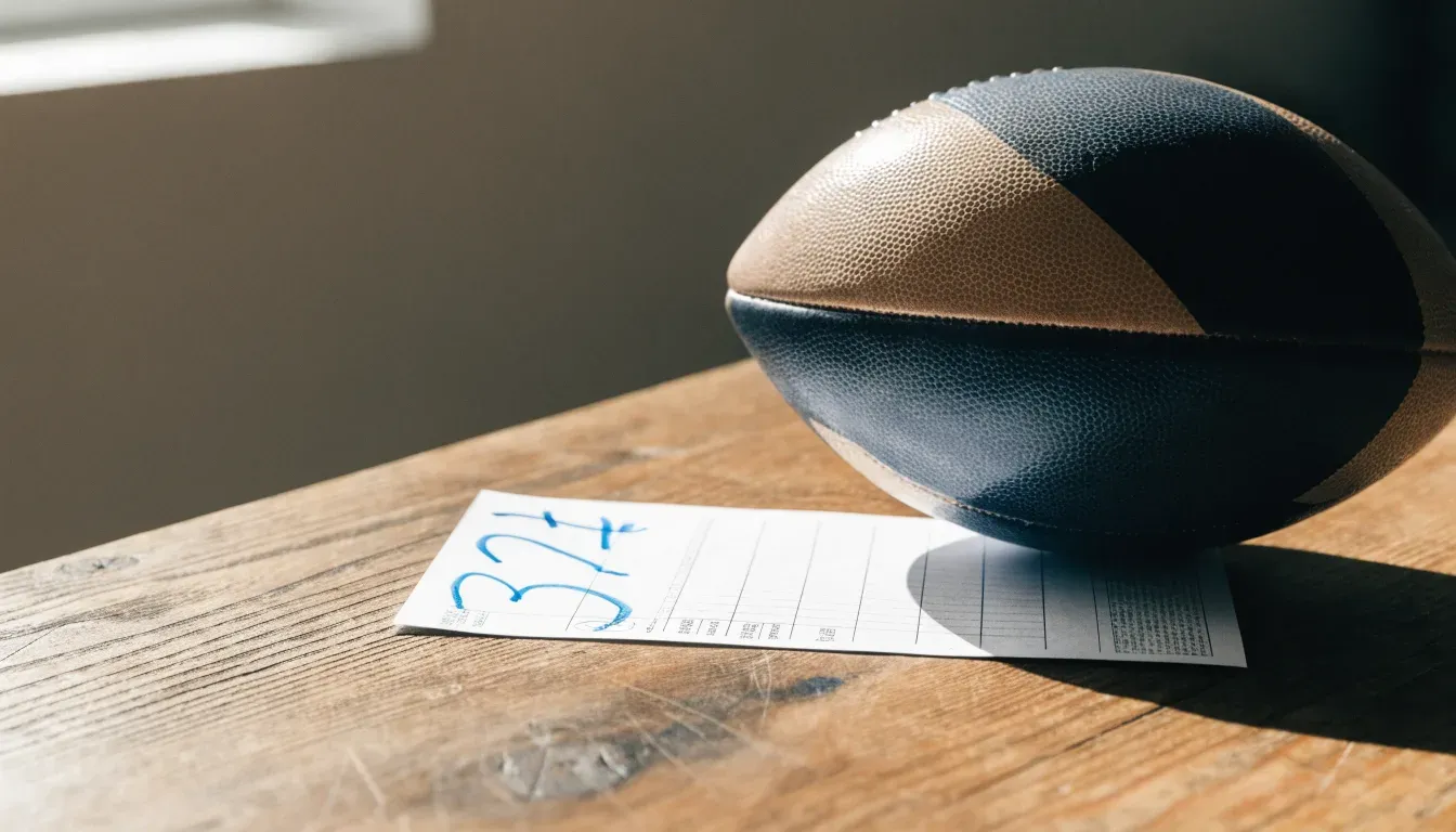 Un pallone da calcio appoggiato su una schedina bianca su un tavolo di legno, alla luce del giorno