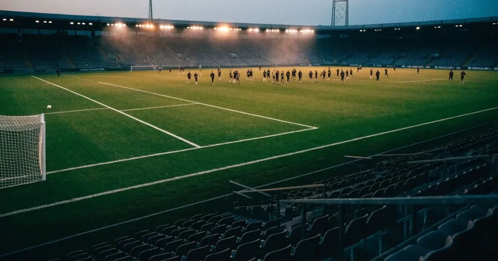 Un tabellone elettronico di uno stadio con il risultato a metà del secondo tempo, visto dalle tribune