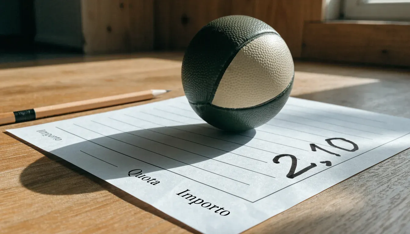 Un pallone da calcio appoggiato su una schedina bianca su un tavolo di legno, alla luce del giorno