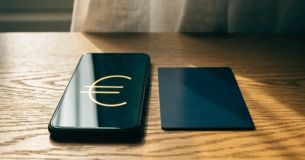 Uno smartphone e una carta di pagamento affiancati su un tavolo di legno, con alcune banconote da euro accanto