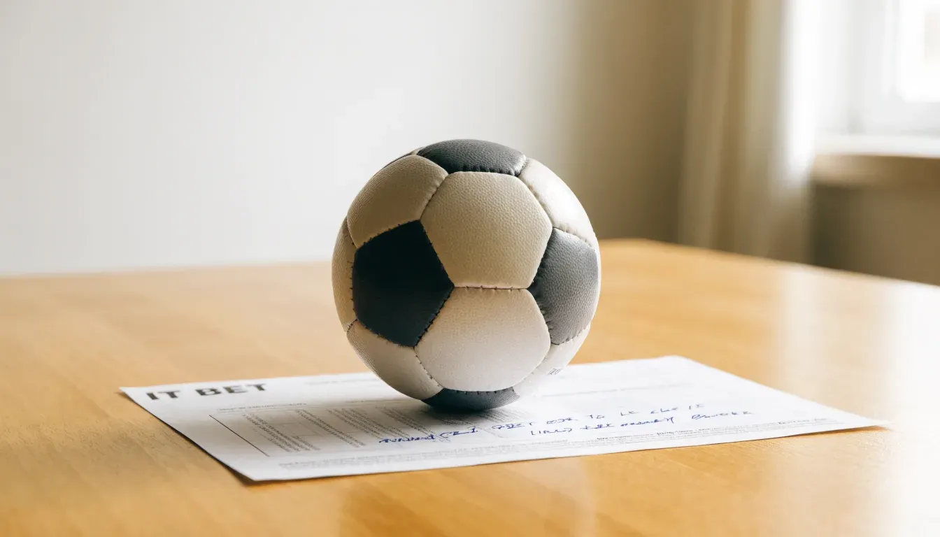 Un pallone da calcio appoggiato su una schedina bianca su un tavolo di legno, alla luce del giorno