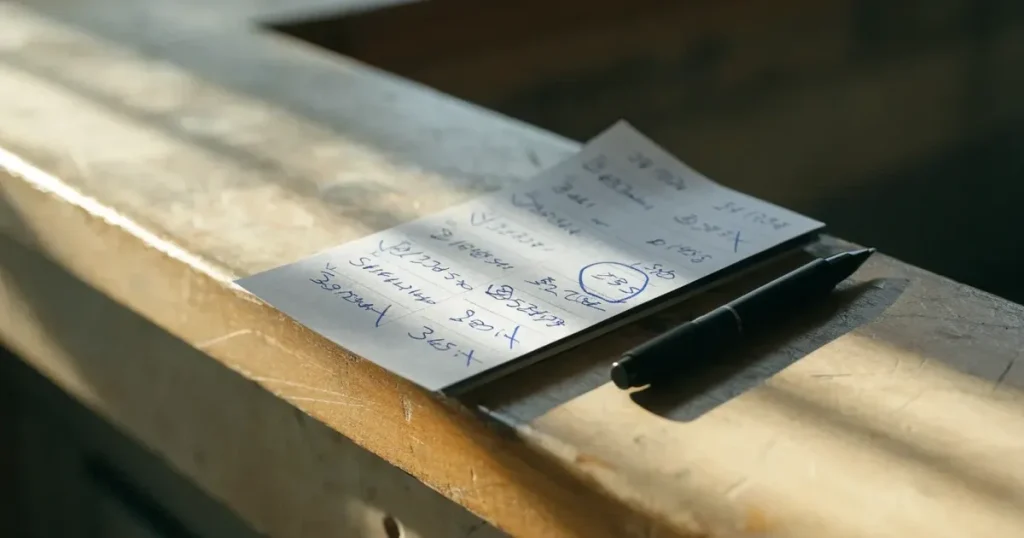 Una schedina con diverse selezioni segnate a penna su un bancone di legno