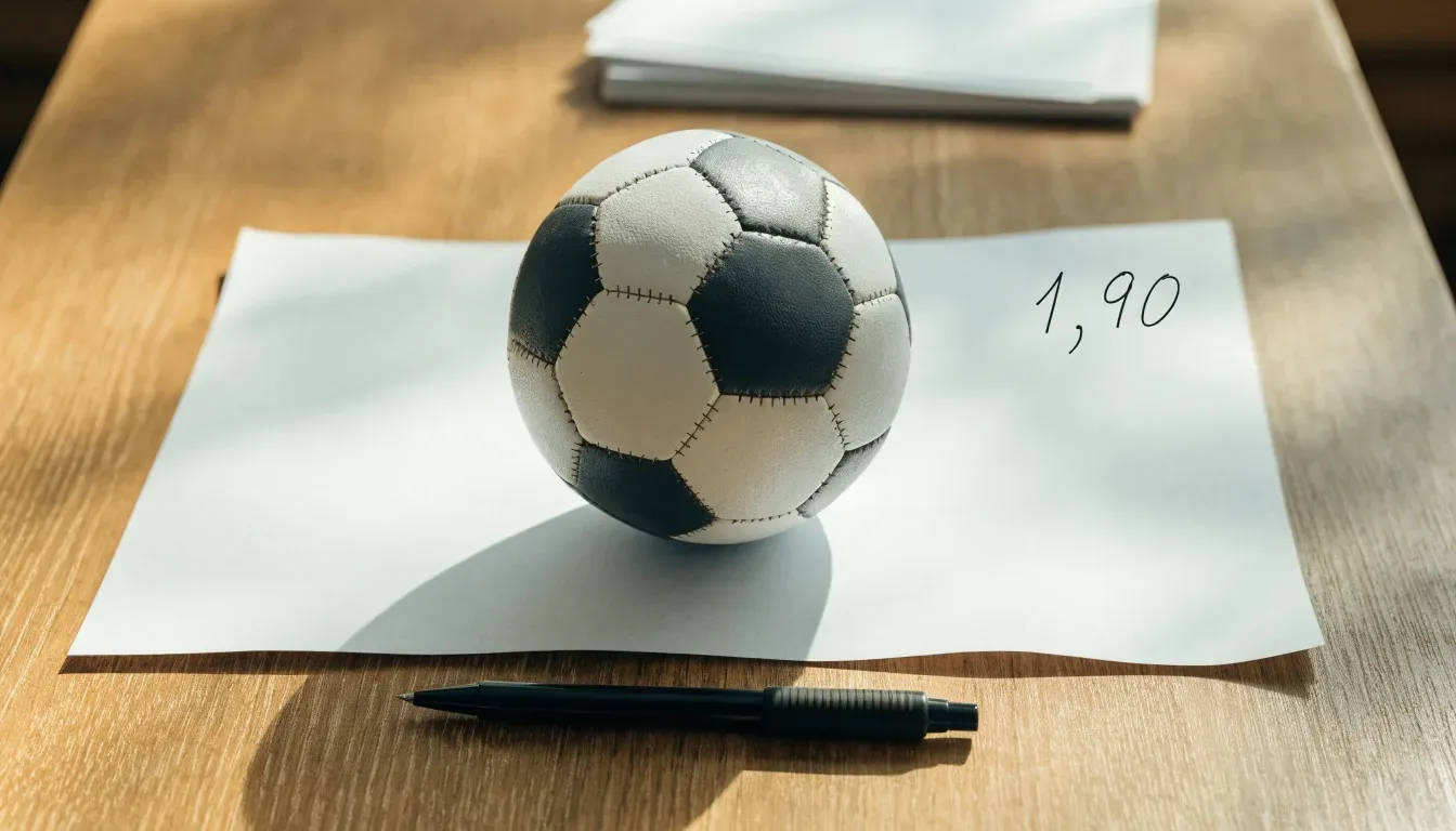 Un pallone da calcio appoggiato su una schedina bianca su un tavolo di legno, alla luce del giorno