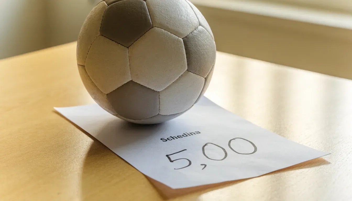 Un pallone da calcio appoggiato su una schedina bianca su un tavolo di legno, alla luce del giorno