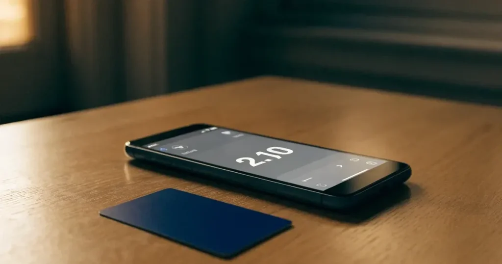 Uno smartphone e una carta di pagamento affiancati su un tavolo di legno, con alcune banconote da euro accanto