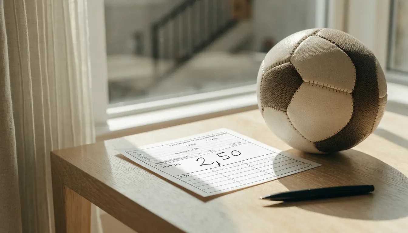 Un pallone da calcio appoggiato su una schedina bianca su un tavolo di legno, alla luce del giorno