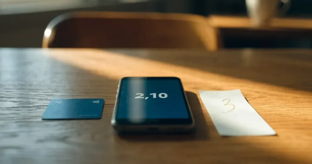 Uno smartphone e una carta di pagamento affiancati su un tavolo di legno, con alcune banconote da euro accanto