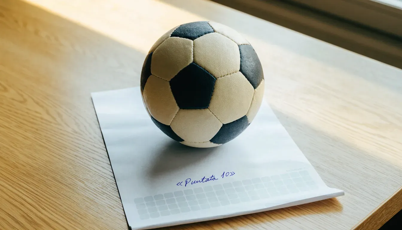 Un pallone da calcio appoggiato su una schedina bianca su un tavolo di legno, alla luce del giorno