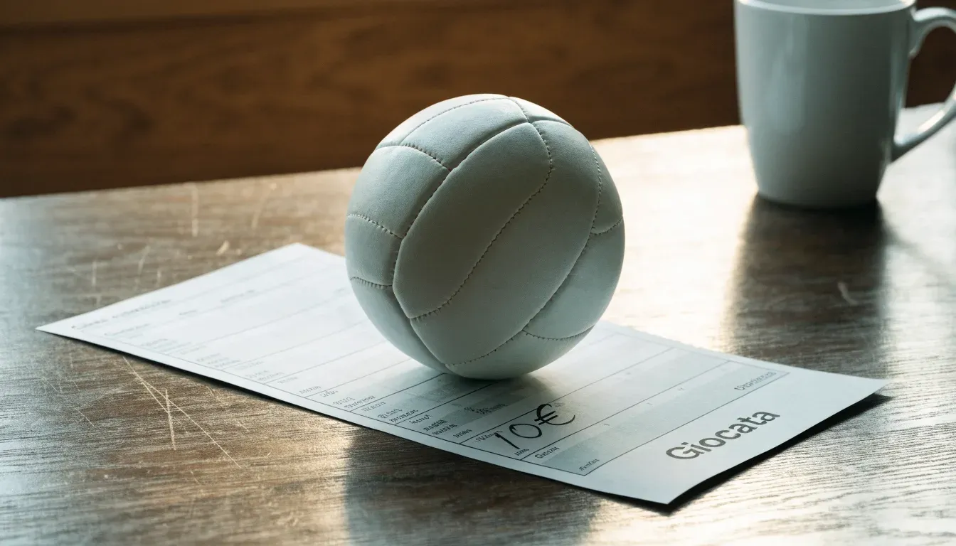 Un pallone da calcio appoggiato su una schedina bianca su un tavolo di legno, alla luce del giorno