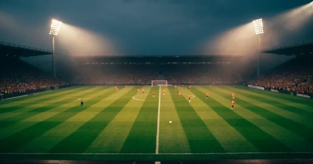 Un tabellone elettronico di uno stadio con il risultato a metà del secondo tempo, visto dalle tribune